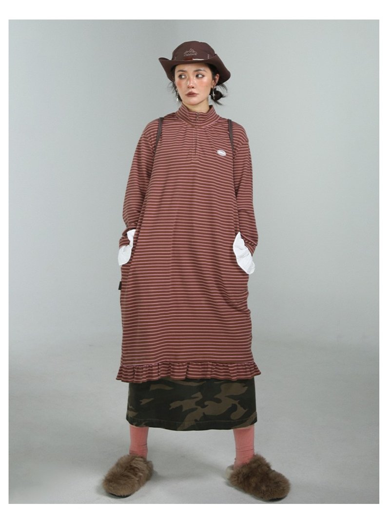 条纹花边小高领宽松直筒连衣裙洋裝 - 洋装/连衣裙 - 棉．麻 