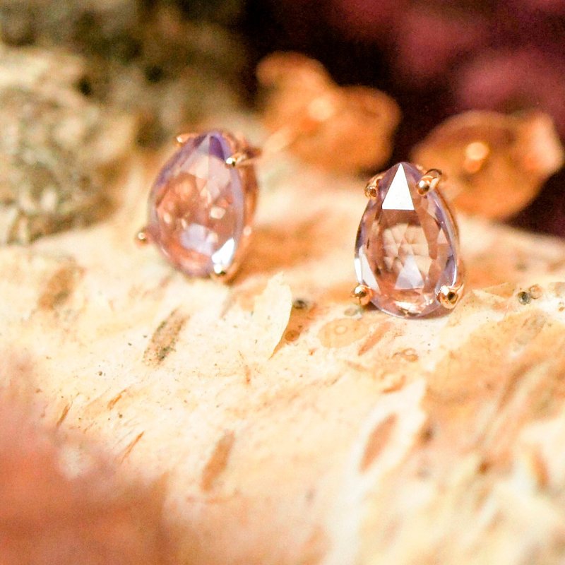 热情 - 4x6mm 梨形玫瑰刻切割紫水晶纯银电18K 玫瑰金耳针耳环 - 耳环/耳夹 - 宝石 紫色
