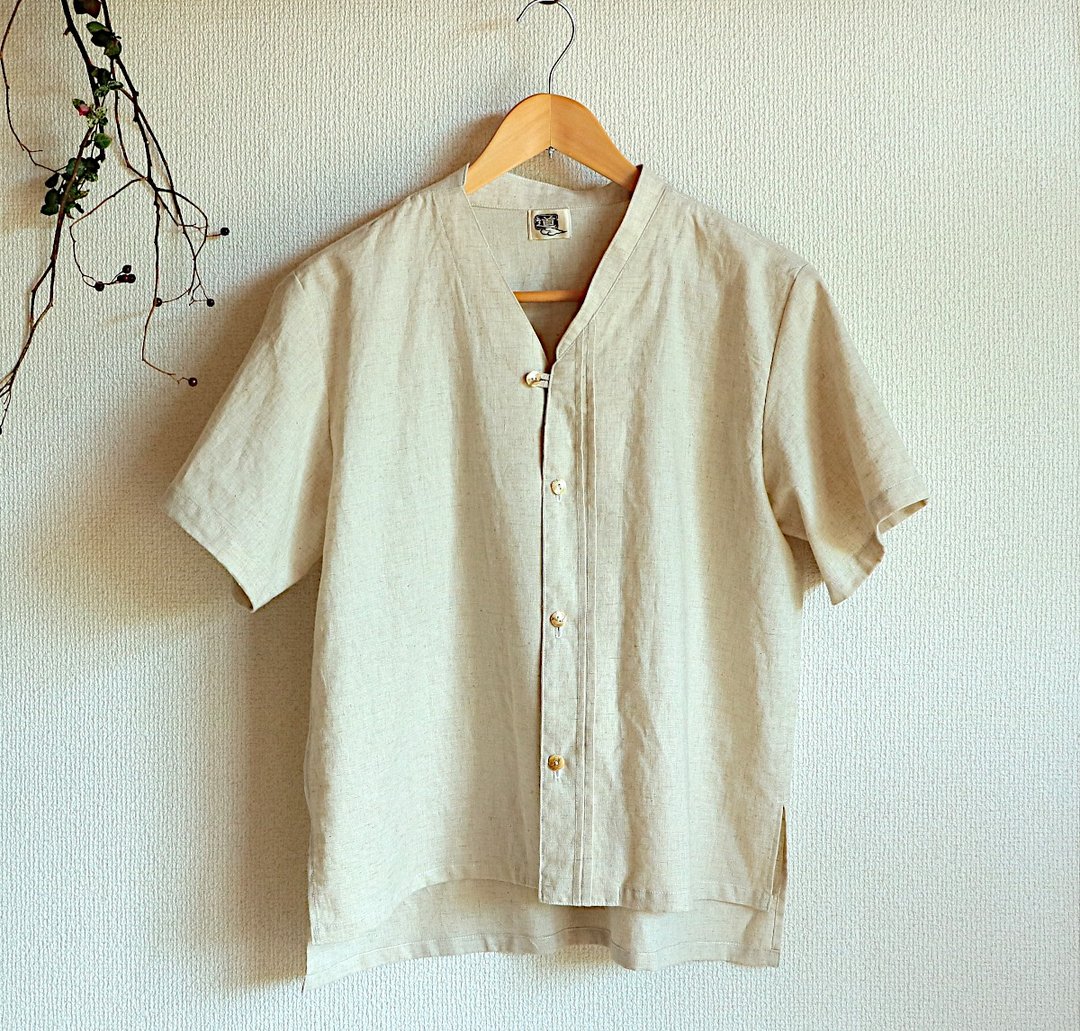 不对称领褶襇衬衫 / 原色 / 亚麻混棉 / 短袖 / unisex S - 女装衬衫 - 棉 白色