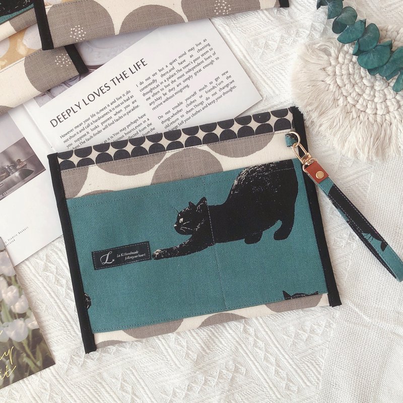 日系黑猫透明收纳袋/袋中袋 - 化妆包/杂物包 - 棉．麻 绿色