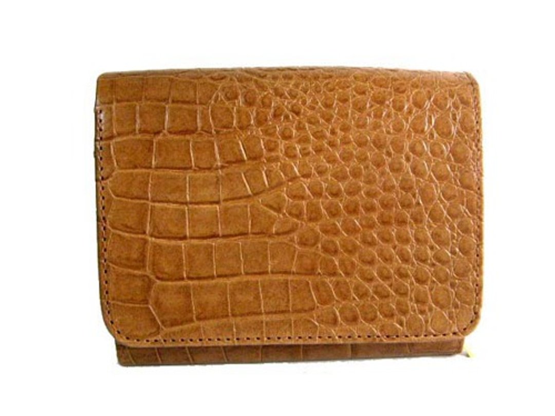 L-shaped zippered wallet in cowhide crocodile pattern, camel - 皮夹/钱包 - 真皮 咖啡色