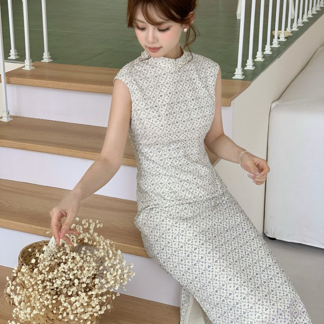 碎花棉麻 春夏立領無袖改良旗袍 日常新中式民國風洋裝 不含項鏈 - 旗袍 - 棉 白色