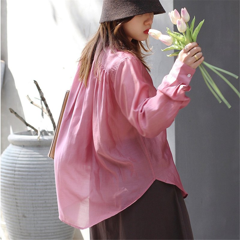 櫻花粉色 法式複古仙氣燈籠袖抽褶天絲襯衫 廓形寬松長袖通勤襯衣 - 女装衬衫 - 聚酯纤维 粉红色