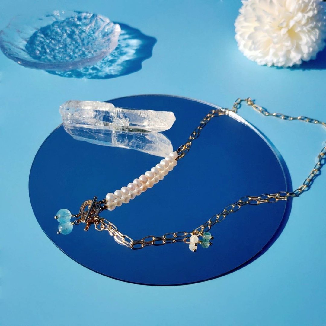 Something Blue。海水蓝宝 磷灰石 月光石 14K包金 水晶设计项链 - 项链 - 水晶 蓝色