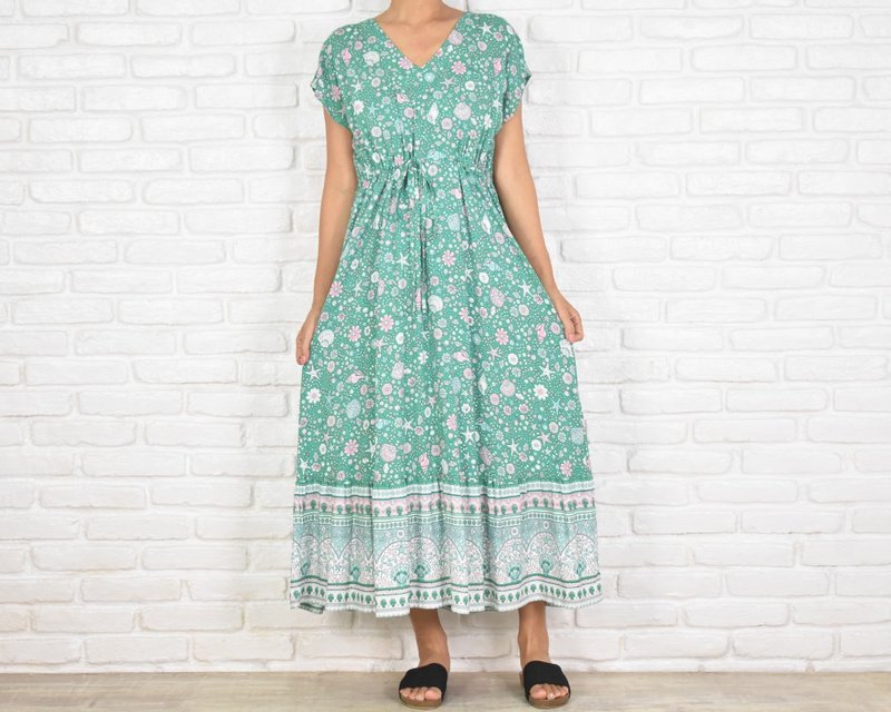 海星贝壳图案V领荷叶边洋装 海洋生物主题 绿色 - 洋装/连衣裙 - 其他材质 绿色