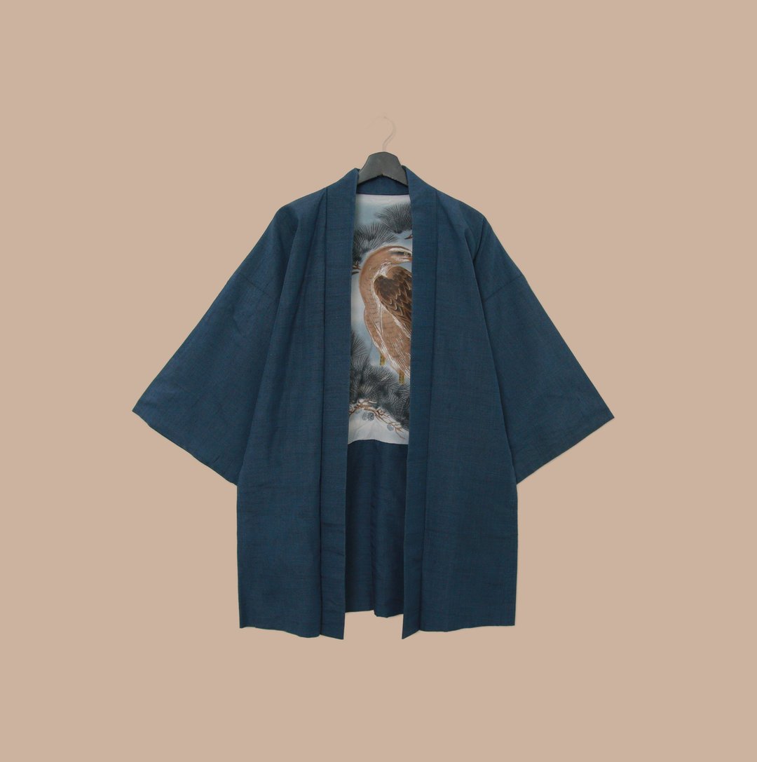 Back to Green-日本带回羽织 老鹰与松枝 M-19/vintage kimono - 女装休闲/机能外套 - 丝．绢 