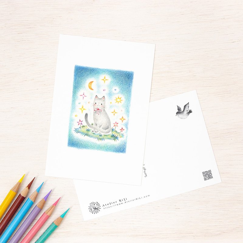 5枚组。宛如绘本般的明信片“猫咪Chiro的星与月”PC-249 - 卡片/明信片 - 纸 蓝色