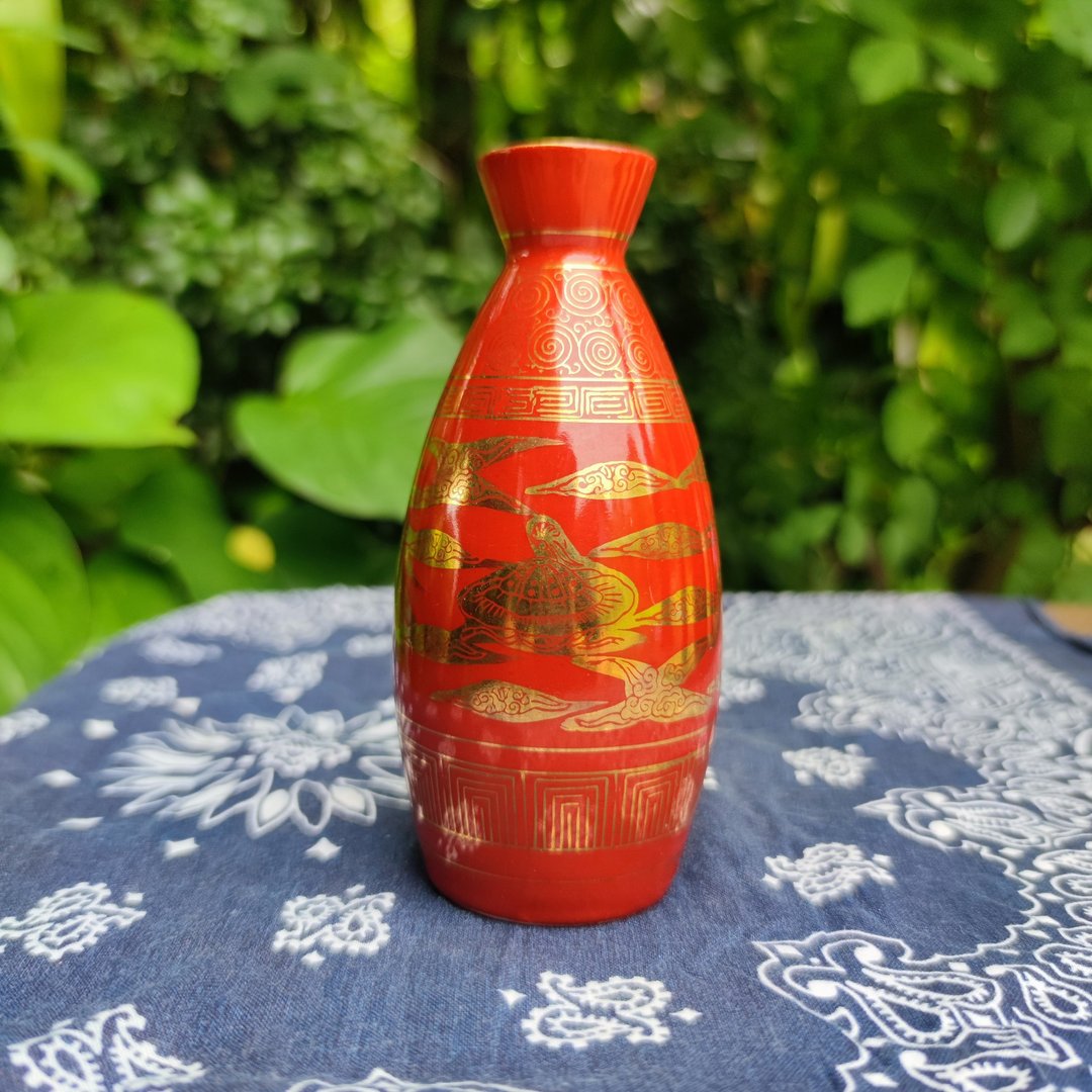 复古日本九谷烧古董清酒瓶红 Tokkuri Phoenix - 花瓶/陶器 - 玻璃 红色