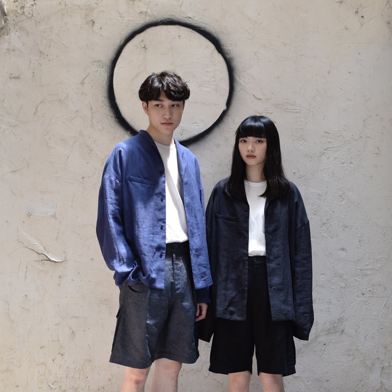 TRAN - 麻质丝瓜领夹克 - 女装休闲/机能外套 - 棉．麻 蓝色