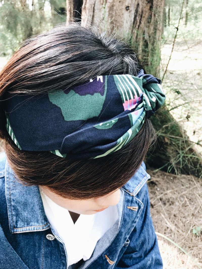 夜沐 绑带式 松紧窄版/手工发带 - 发带/发箍 - 棉．麻 蓝色