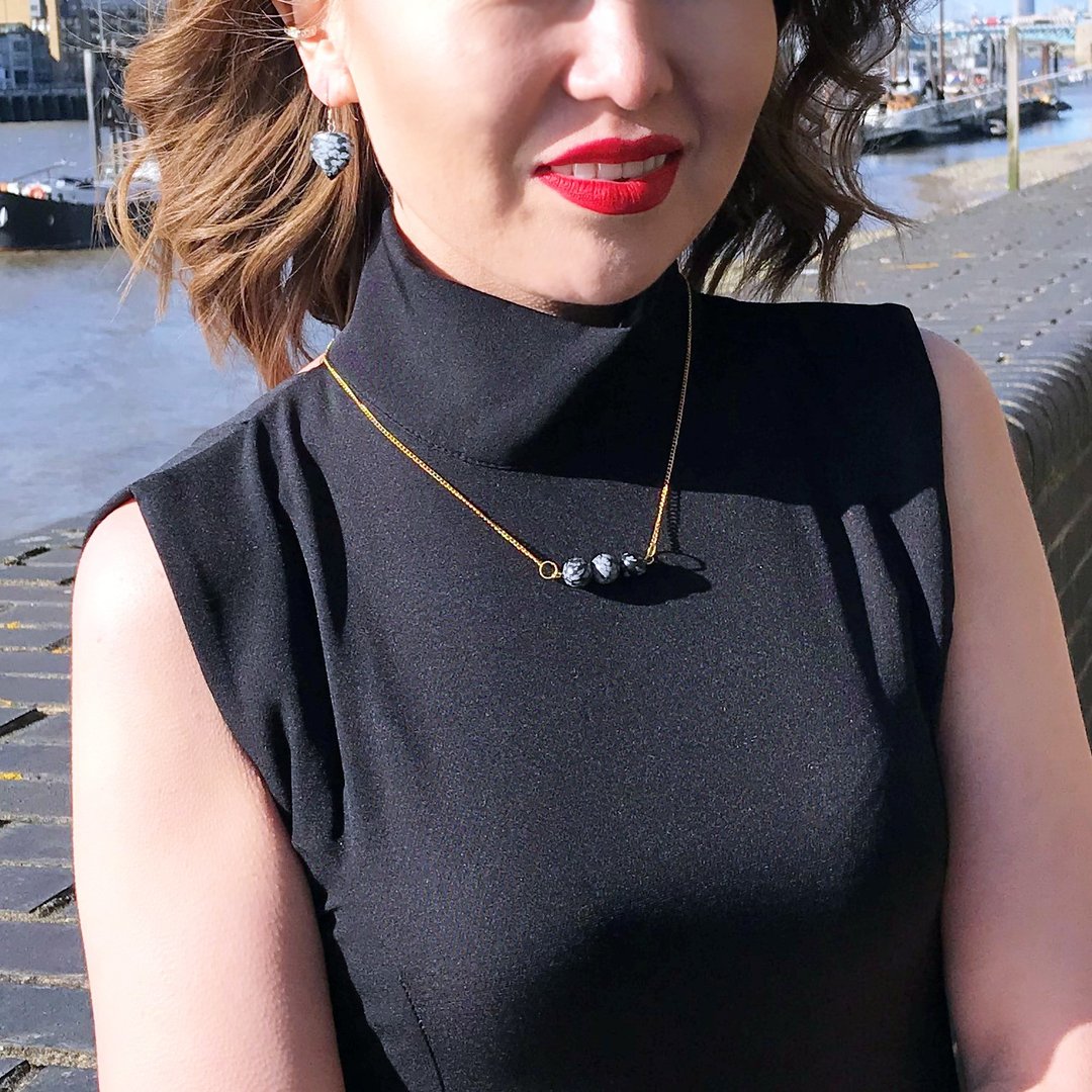 Snowflake Obsidian Bar Gold Vermeil Necklace | Vermeil Necklace | - 项链 - 宝石 黑色
