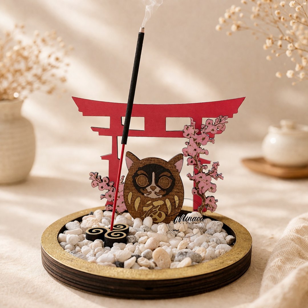 日系鸟居猫神线香座 原创角色香插 疗愈香氛摆设 手工设计 - 蜡烛/烛台 - 木头 金色