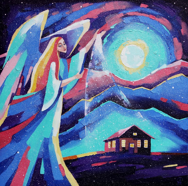 天使绘画幻想原创艺术儿童房艺术品圣诞墙艺术画布 - 海报/装饰画/版画 - 其他材质 蓝色