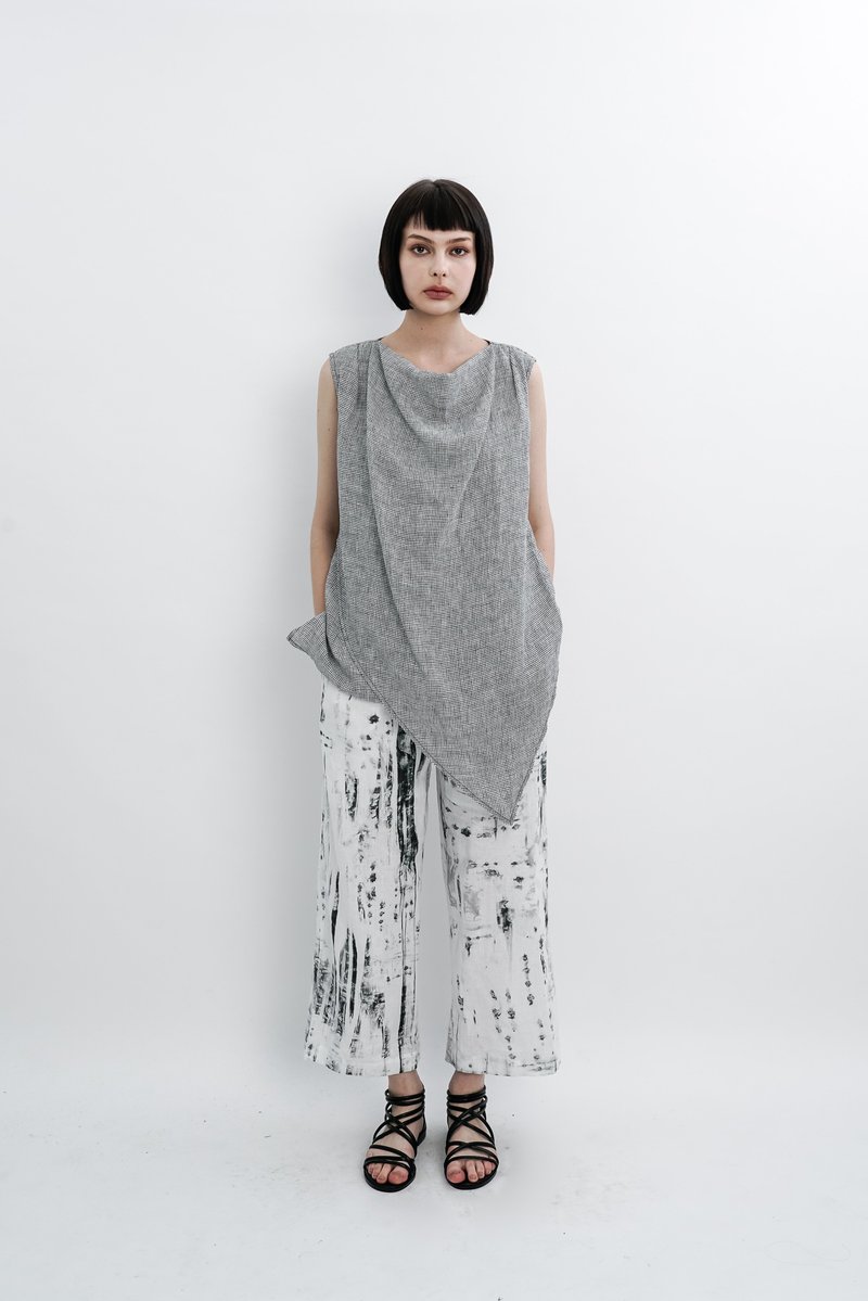 前领垂坠。灰细格棉麻上衣。春夏 | Ysanne - 女装上衣 - 棉．麻 灰色