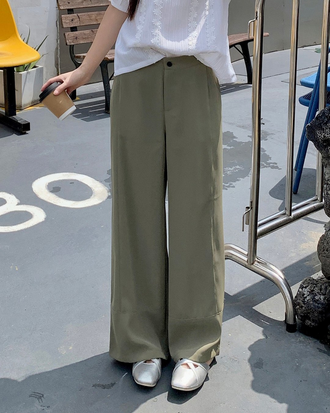 |初秋新品2件75折| 车线宽腿西裤| 灰绿色| 无弹|垂感| 后腰橡筋 - 女装长裤 - 聚酯纤维 灰色