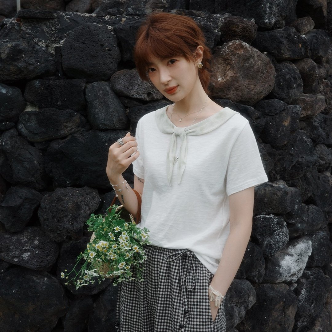 撞色拼接领结 T 恤|T 恤 | 夏款|Sora-2131 - 女装 T 恤 - 棉 白色