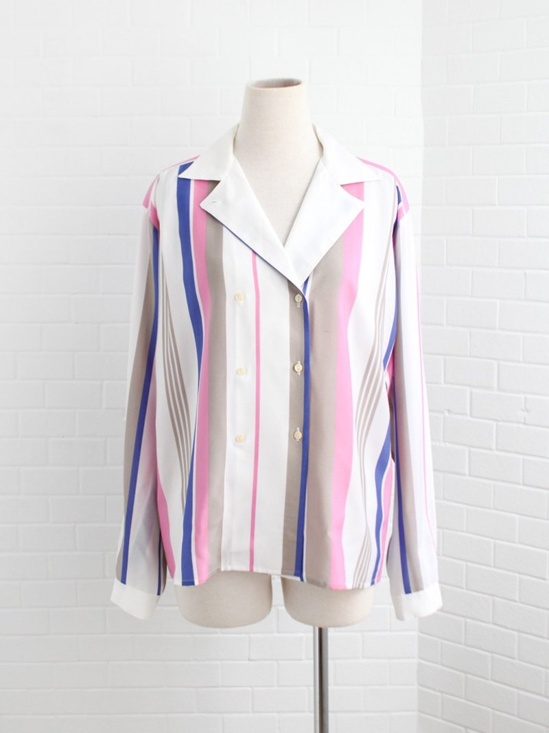 复古欧洲清新简约早春宽松v领个性几何粉蓝条纹长袖古着衬衫 - 女装衬衫 - 聚酯纤维 粉红色