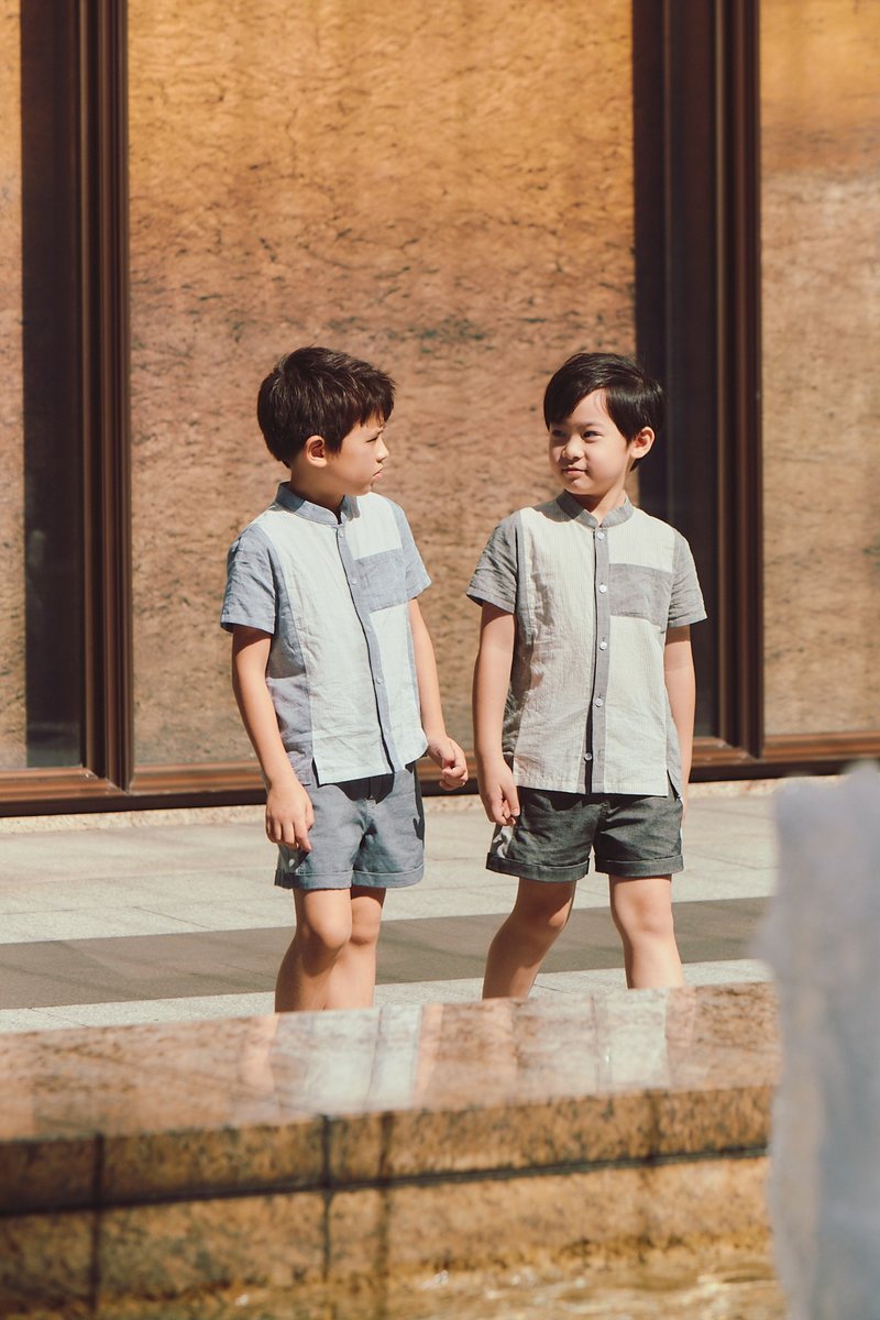 条纹剪接立领衬衫 - 童装上衣 - 棉．麻 灰色