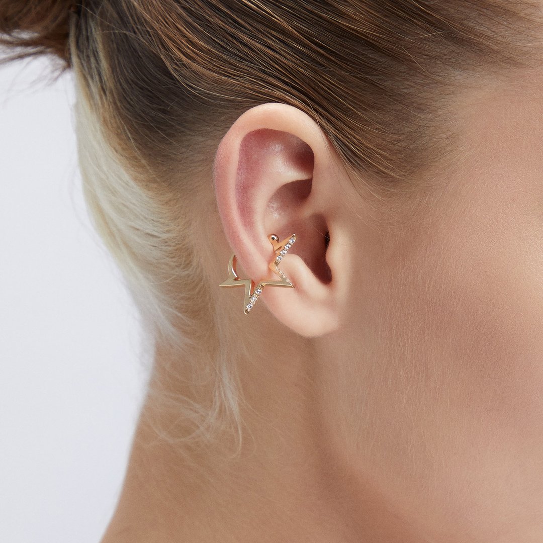 斜口大星耳扣 925银厚镀18K金 Meteor D Earcuff - 耳环/耳夹 - 珍珠 金色