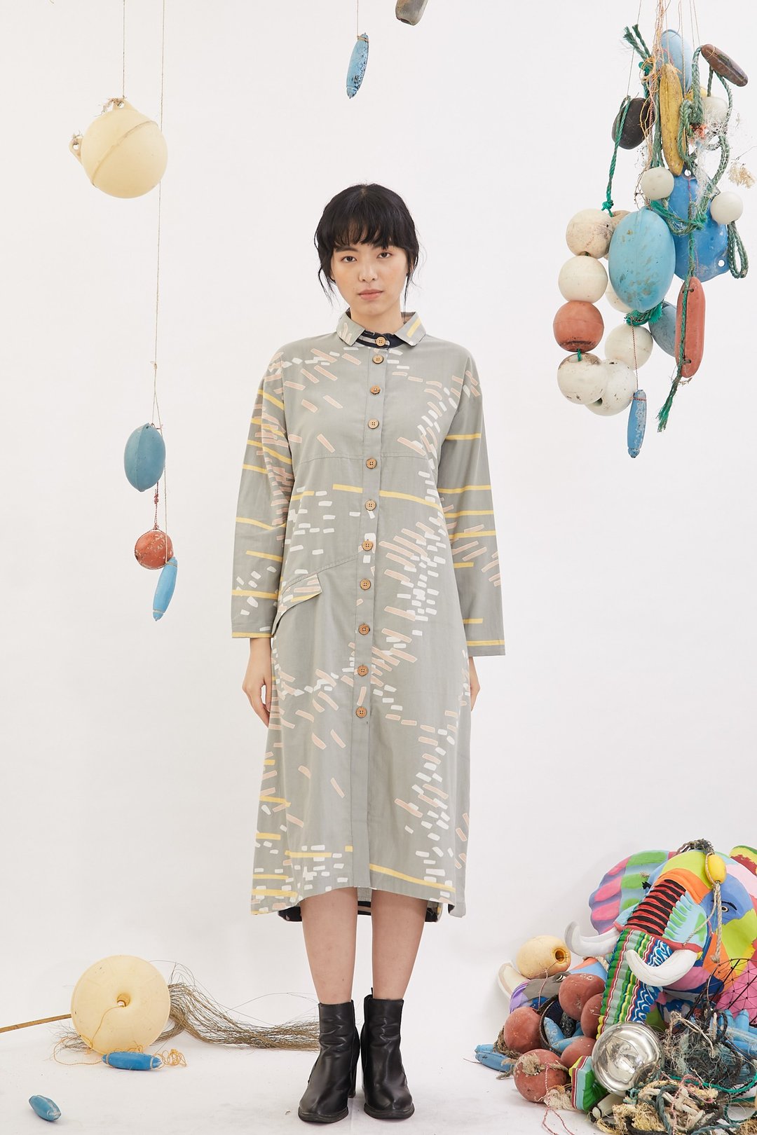 小立领长袖衬衫洋装_灰金_公平贸易 - 洋装/连衣裙 - 棉 黑色