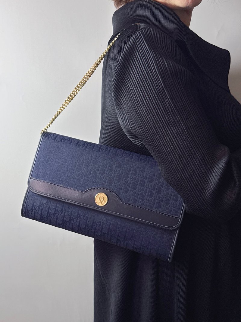 中古美品 深蓝 Christian Dior Oblique 两用链包 腋下包 - 侧背包/斜挎包 - 真皮 蓝色