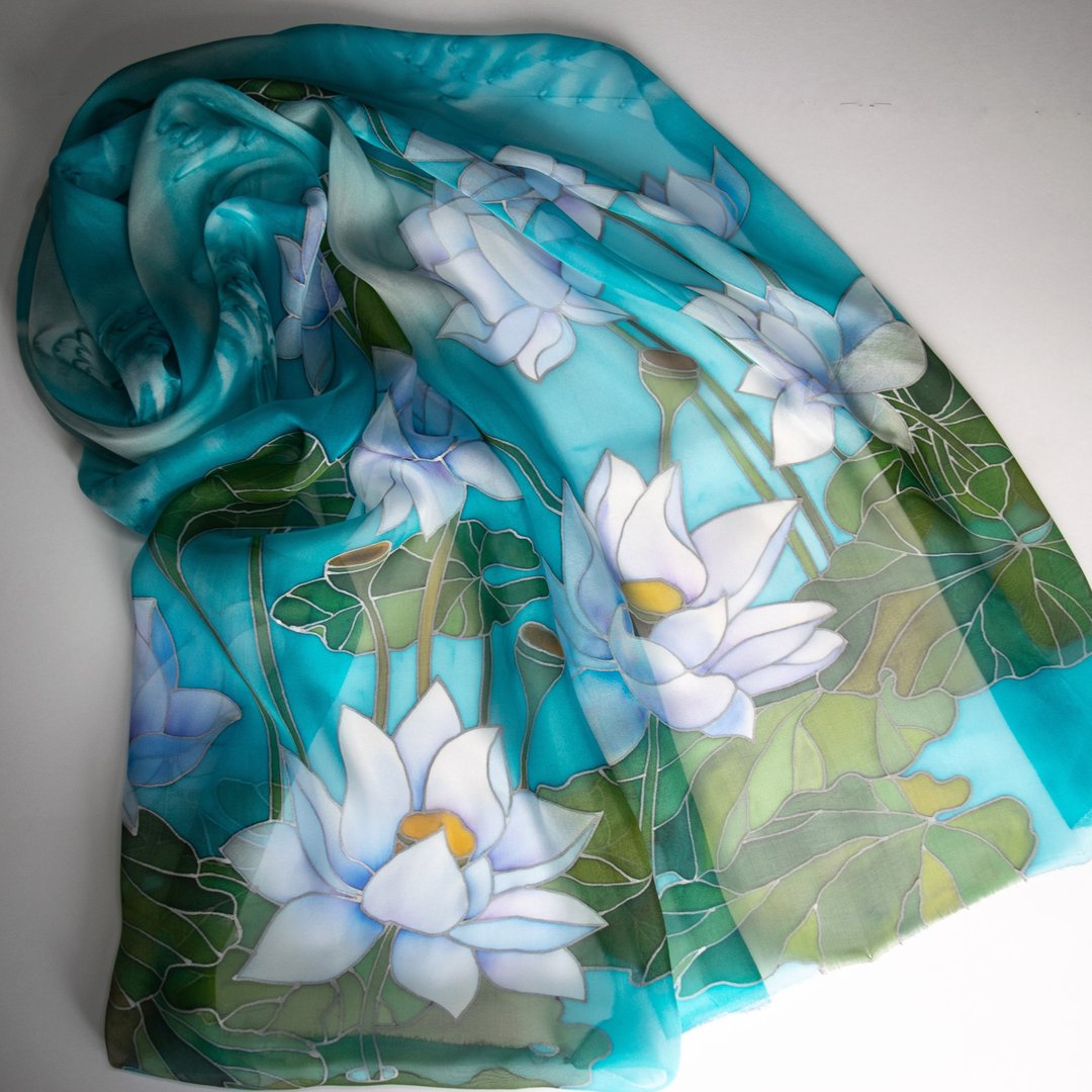 絲巾 Hand-painted silk scarf Floral silk teal blue scarf Lotus silk scarves - 丝巾 - 丝．绢 蓝色