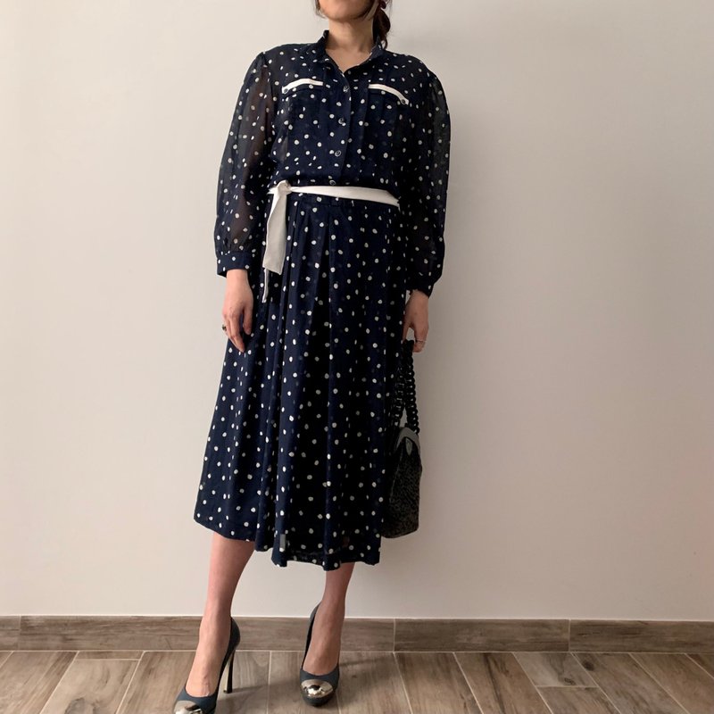 意大利制 欧洲古着 深蓝波点 长洋装 - 洋装/连衣裙 - 聚酯纤维 蓝色