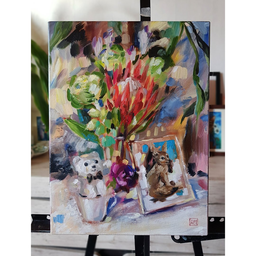 原始可爱的油画-花束与一个毛绒玩具 - 墙贴/壁贴 - 其他材质 红色