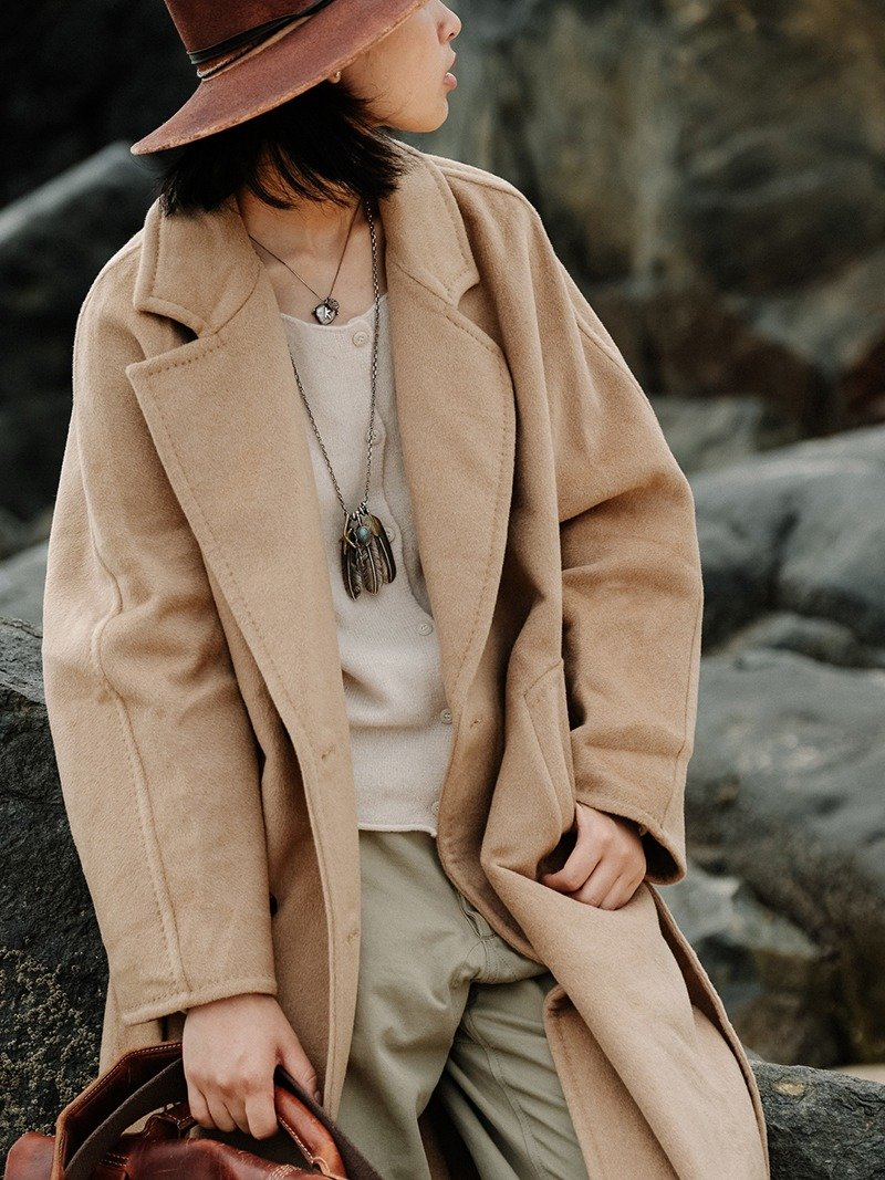 駝色 沙漠之舟 阿拉善駝絨 長毛駝絨毛呢雙面外套廓形寬鬆大衣 - 女装休闲/机能外套 - 羊毛 卡其色