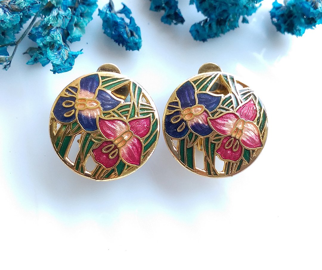Vintage Jewelry 西洋古董饰品 紫粉色调 花卉 景泰蓝 夹式耳环 - 耳环/耳夹 - 其他材质 金色