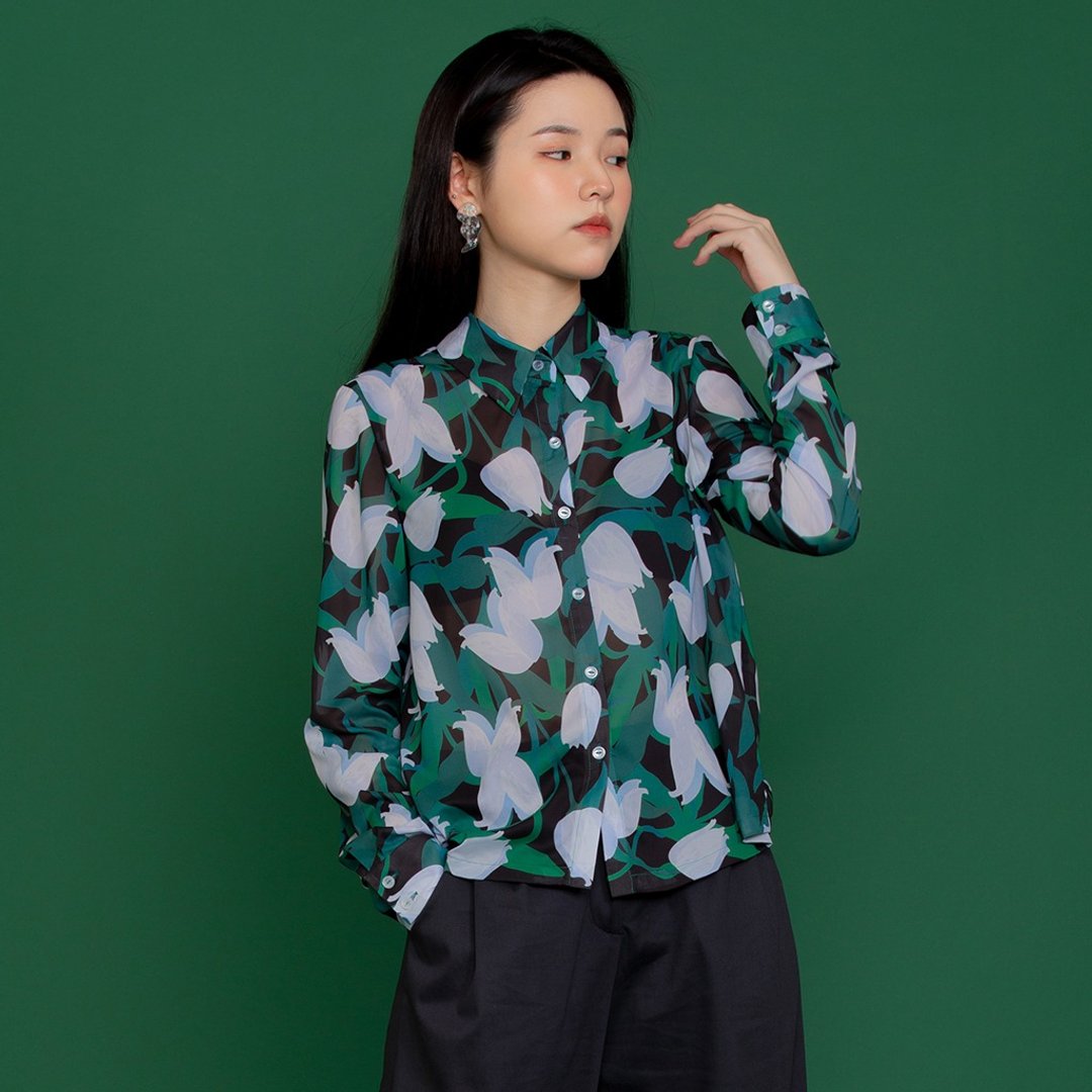 优雅印花长袖衬衫 - 女装衬衫 - 聚酯纤维 灰色
