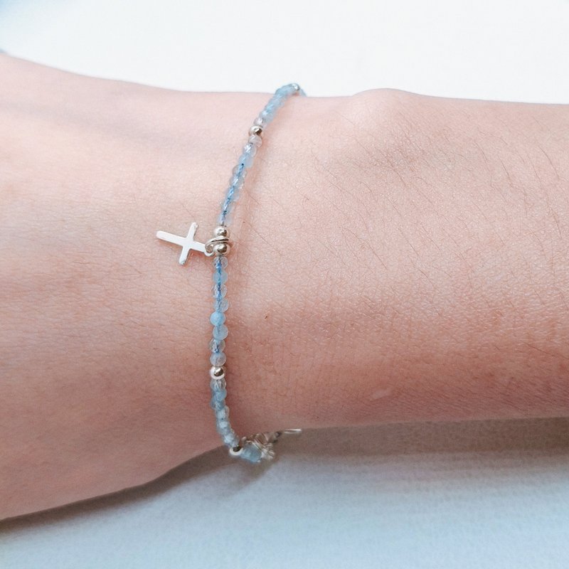 天然极细切割海蓝宝实心925纯银十字架手链/信仰 - 手链/手环 - 宝石 