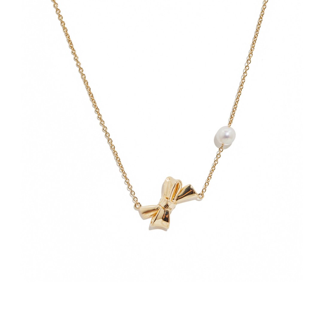 扭结珍珠项链 925银厚镀18K金 Ribbon Necklace - 项链 - 珍珠 金色