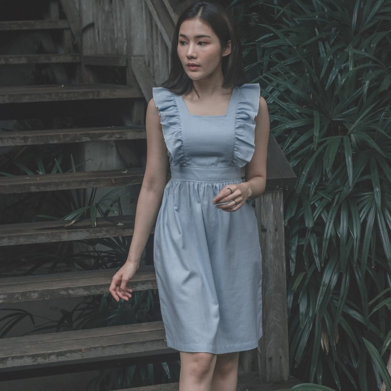 Livada Sweetest Sleeveless Light Blue Linen Dress - 洋装/连衣裙 - 亚麻 蓝色