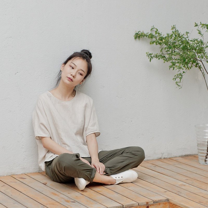 先染織物  條紋拼色 不規則方形套頭襯衫 寬大 薄襯衫 SH180120B - 女装 T 恤 - 棉．麻 蓝色