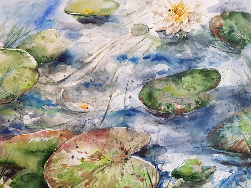 A pond with water lilies artwork hand painted Watercolor painting on paper - 墙贴/壁贴 - 其他材质 