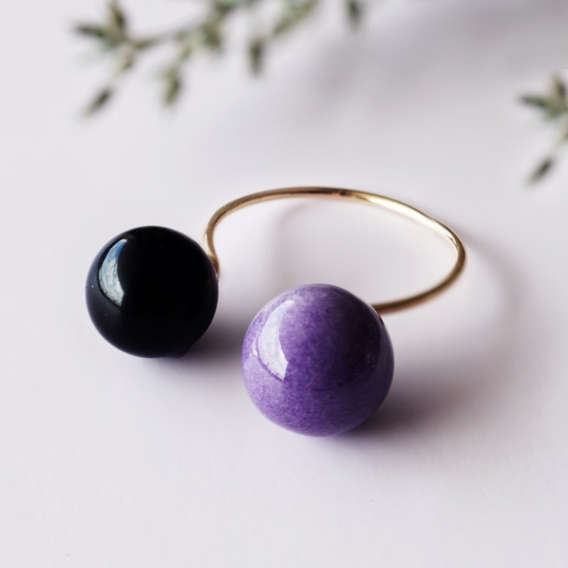 14KGF 紫铜和缛玛瑙民间戒指深黑色和桔梗花 - 戒指 - 宝石 紫色