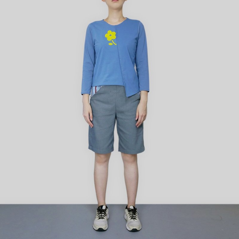 湛蓝色撞色绣珠T-shirt - 女装 T 恤 - 棉．麻 蓝色