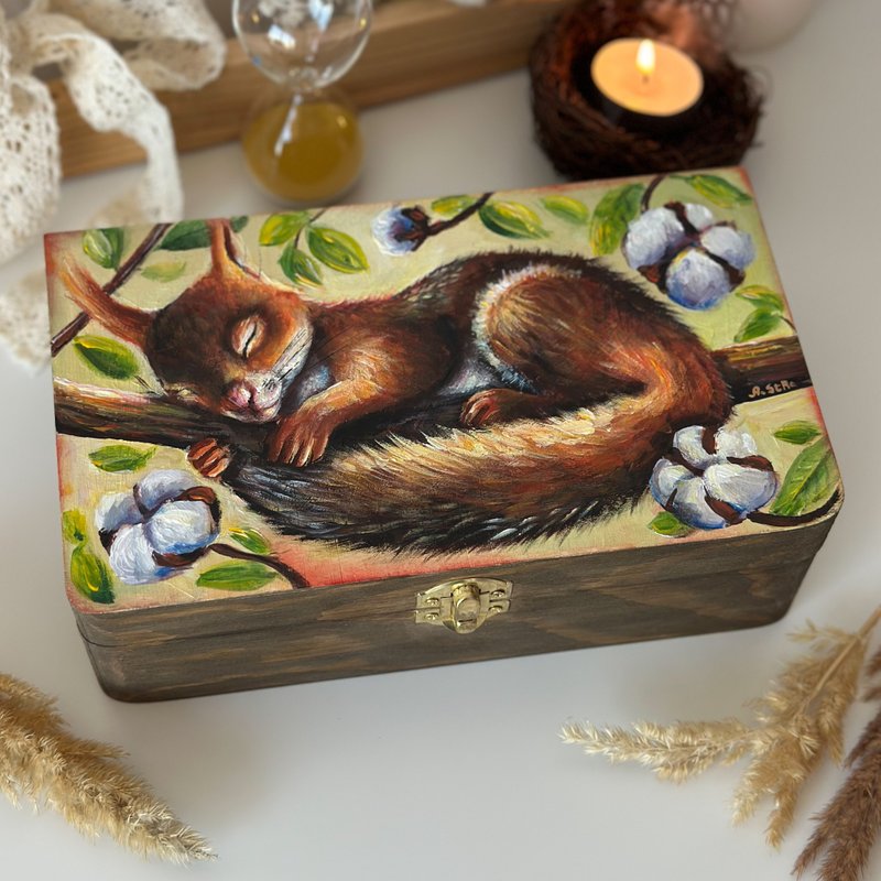 手绘木盒 松鼠，附锁收纳木盒，动物画作 - 收纳用品 - 木头 咖啡色