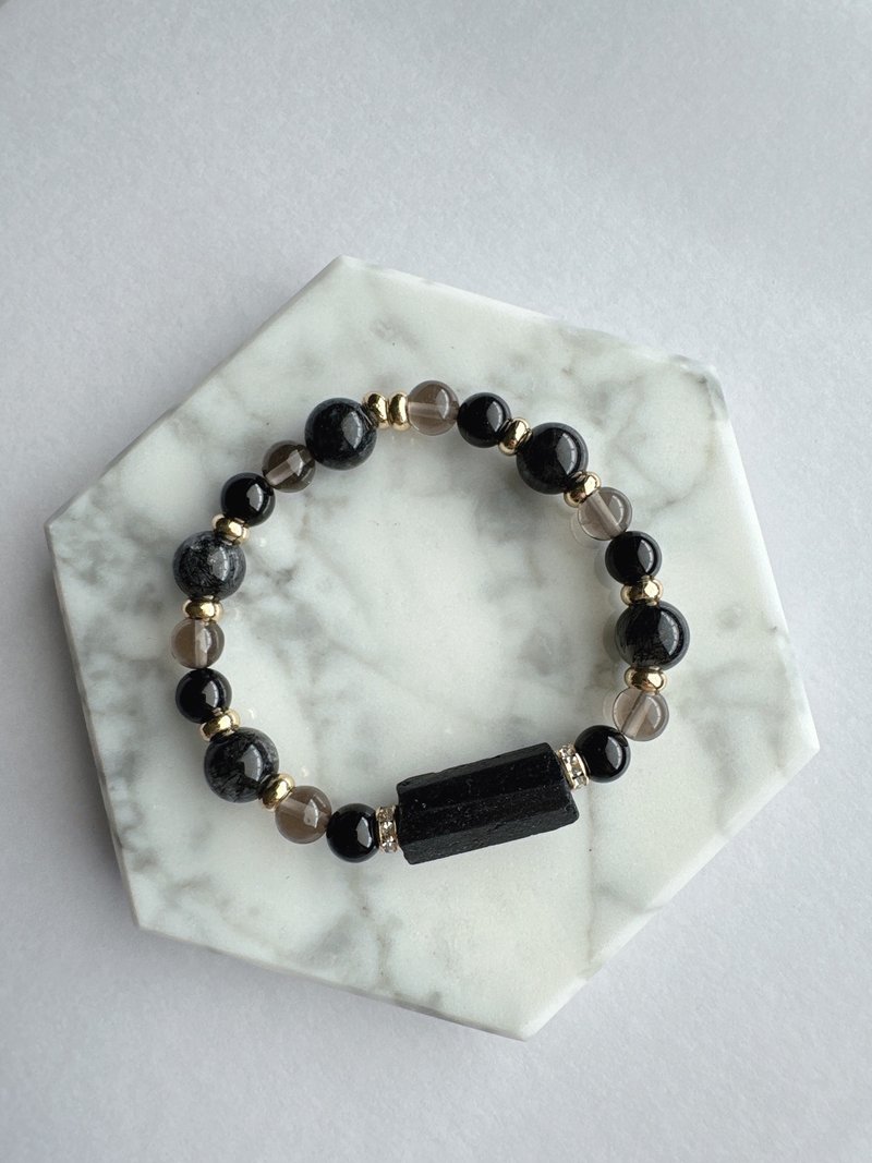 守护防护 x 辟邪防小人 黑碧玺原矿 黑曜石 黑发晶 茶水晶 手链 - 手链/手环 - 水晶 黑色