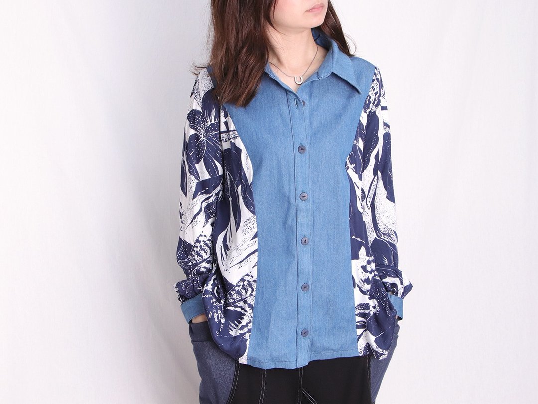MANA.Design / 单宁蓝拼缇花布排扣衬衫 - 其他 - 棉．麻 蓝色