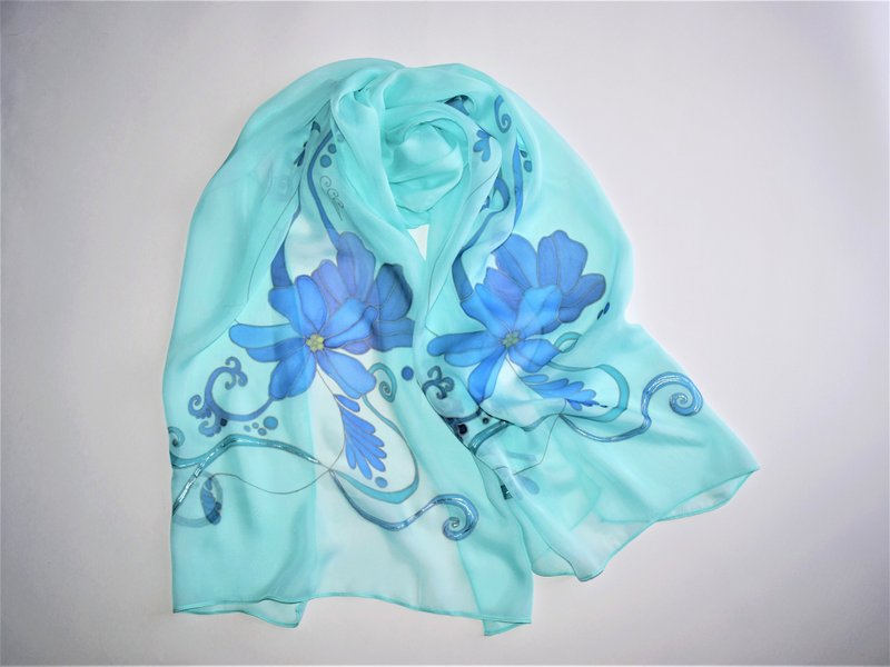 絲巾 Hand painted silk scarf Floral long silk scarf light blue Silk chiffon scarf - 丝巾 - 丝．绢 蓝色