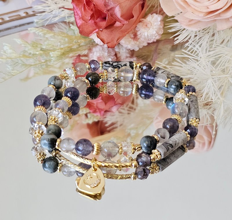 从心-双圈设计款/黑银钛/堇青石/拉长石/鹰眼石/地图石/水晶手链 - 手链/手环 - 水晶 灰色