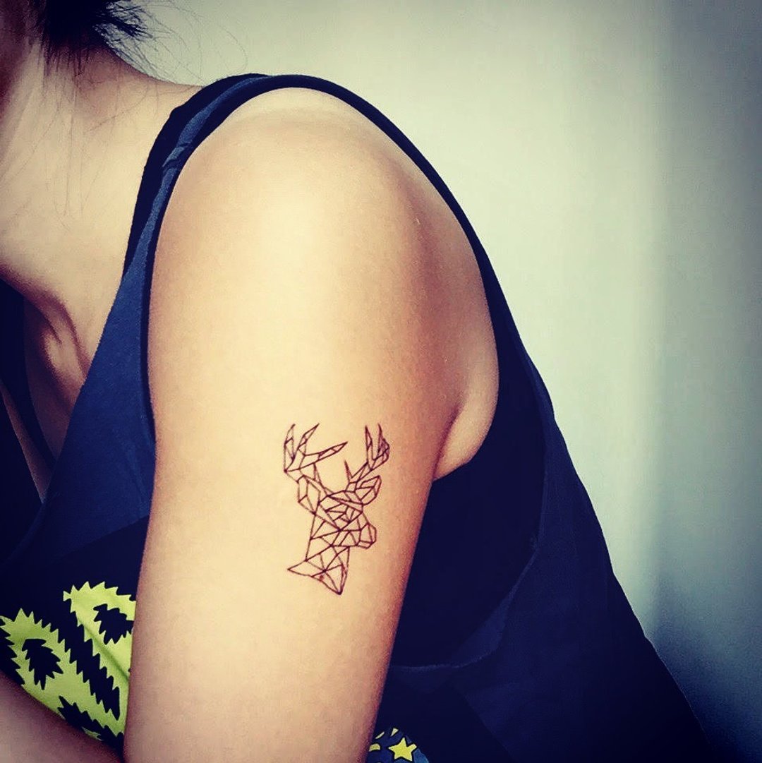 OhMyTat 几何鹿 Geometric Deer 刺青图案纹身贴纸 (2 张) - 纹身贴 - 纸 黑色