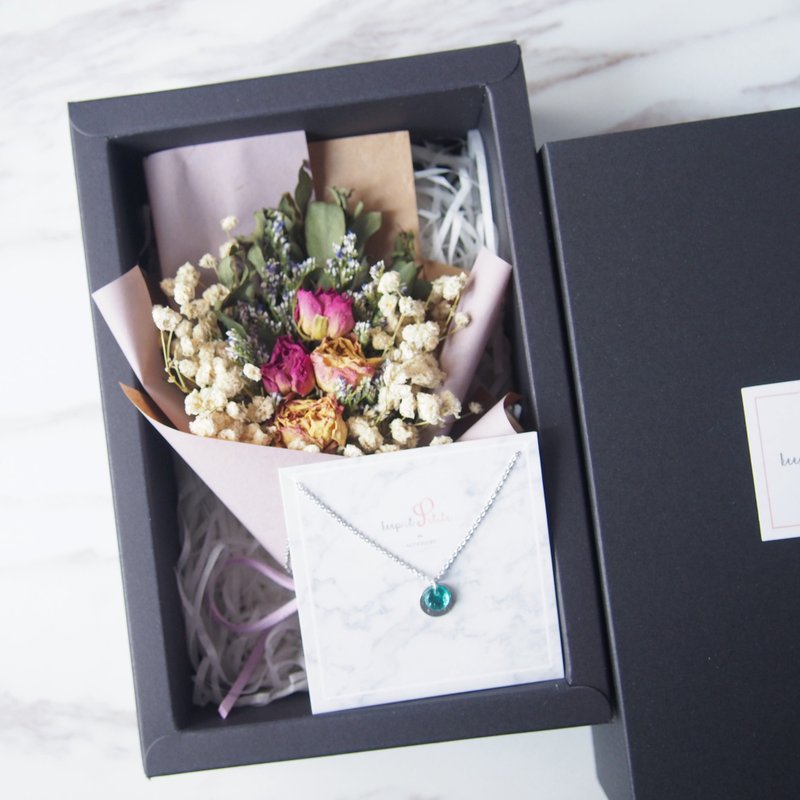 【优雅礼盒套装】干燥玫瑰花(浅紫) +蓝琉璃圆片项链 - 项链 - 其他金属 蓝色