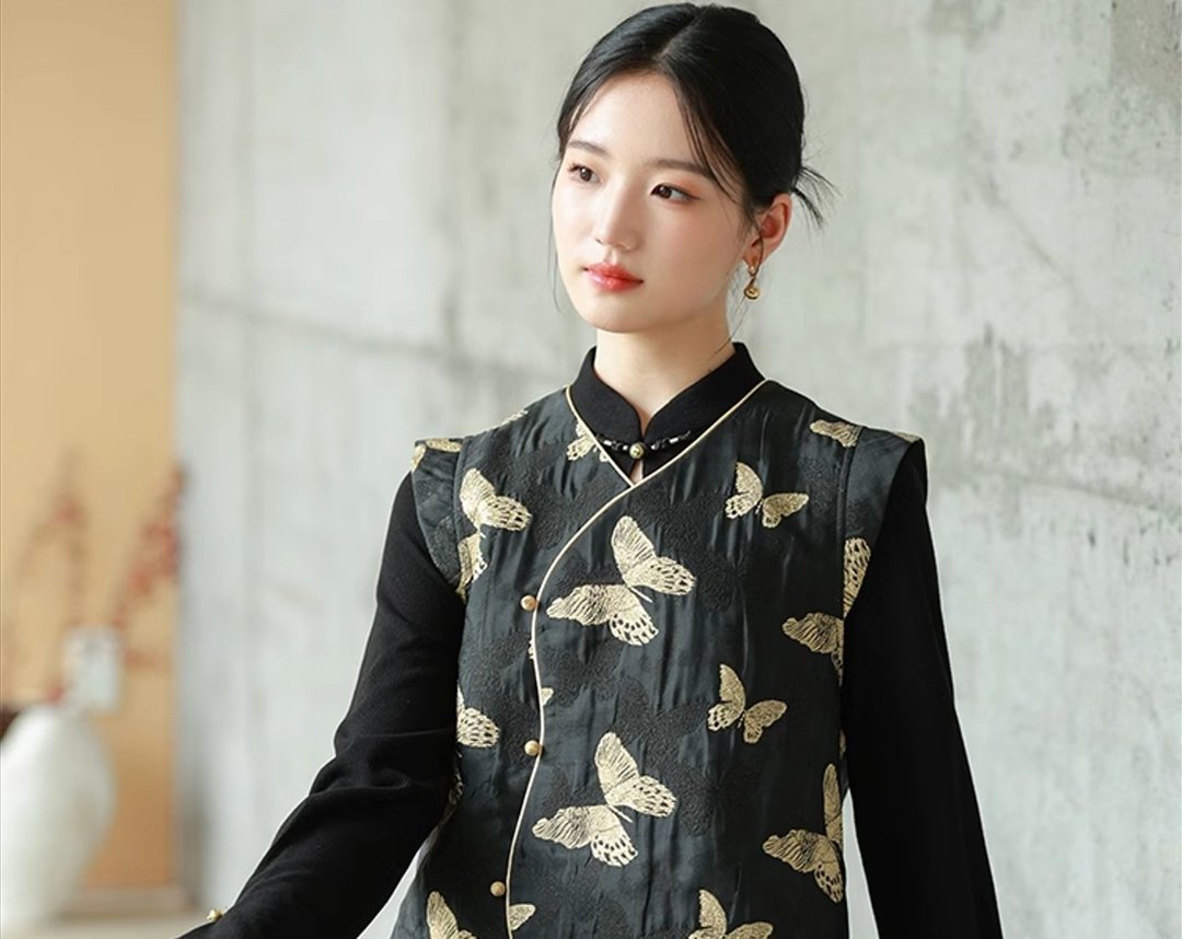 玄金蝶 新中式中国风 金丝提花不规则门襟背心 - 女装背心 - 其他材质 黑色