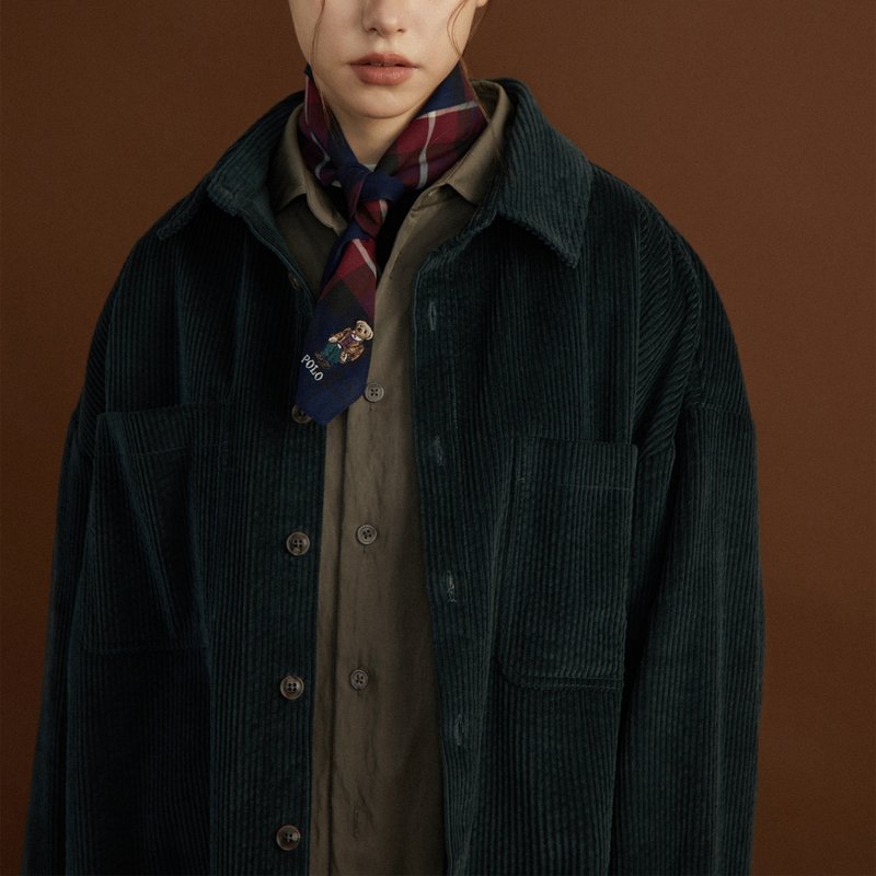 泡泡灯芯绒短宽夹克 刺绣logo 纯棉秋冬宽松中性外套 - 男装外套 - 棉．麻 蓝色