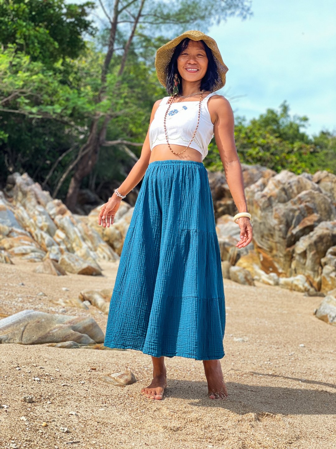 Blue Cotton Pants, Cotton Pants, Turquoise Pants, Wide Leg Pants, Loose Pants - 女装长裤 - 其他材质 