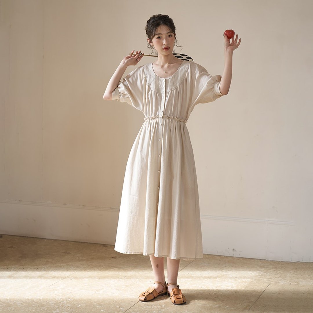 法式复古亚麻连衣裙|洋装|两色|春夏款|法国亚麻|Sora-1160 - 洋装/连衣裙 - 棉 多色