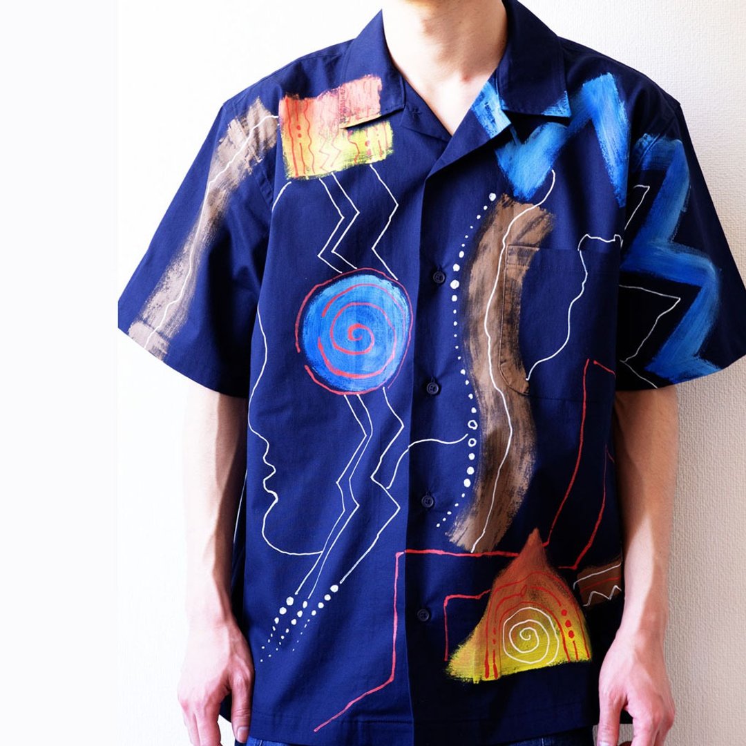 Ethnic paint short-sleeved shirt cotton navy blue unisex - 中性连帽卫衣/T 恤 - 棉 多色